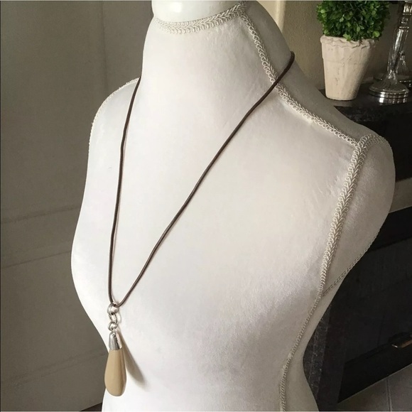 NEW Taupe Teardrop Pendant Statement Drop Necklace Long Wax Cord Mod Resin - Picture 4 of 6